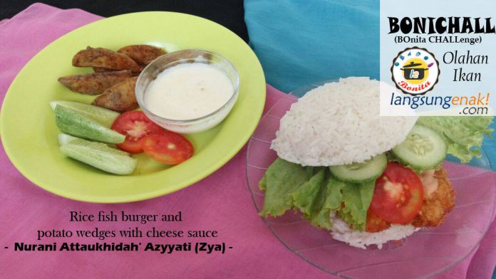 Rice Fish Burger and Potato Wedges with Cheese Sauce By Nurani Attaukhidah' Azyyati (zya) Rice Fish Burger and Potato Wedges with Cheese Sauce By Nurani Attaukhidah' Azyyati (zya)